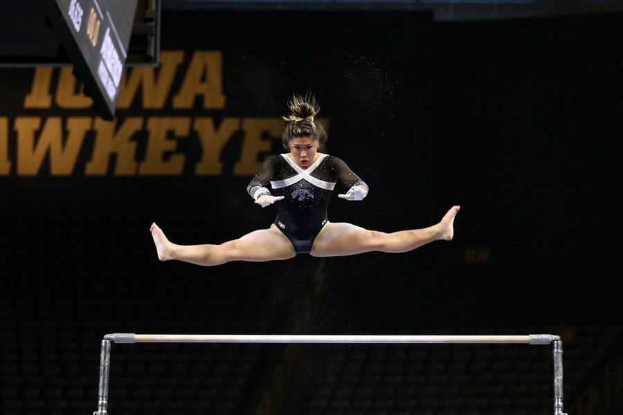 Iowa+gymnast+Nicole+Chow+performs+on+the+uneven+bars+during+a+gymnastics+meet+against+Rutgers+on+Saturday%2C+Jan.+26%2C+2019.+The+Hawkeyes+defeated+the+Scarlet+Knights+194.575+to+191.675.