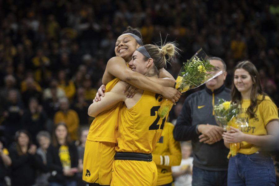 Tania Davis and Hannah Stewart hug during senior night at women's basketball against Northwestern in Carver-Hawkeye Arena on March 3, 2019. Iowa defeated Northwestern 74-50. 