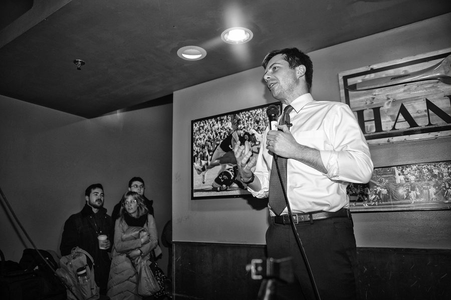 Pete Buttigieg, Mayor of South Bend, Indiana, addresses the audience during his visit to Airliner in Iowa City on March 4, 2019. Buttigieg has declared a presidential exploratory committee, joining a slew of democrats who may be running. 