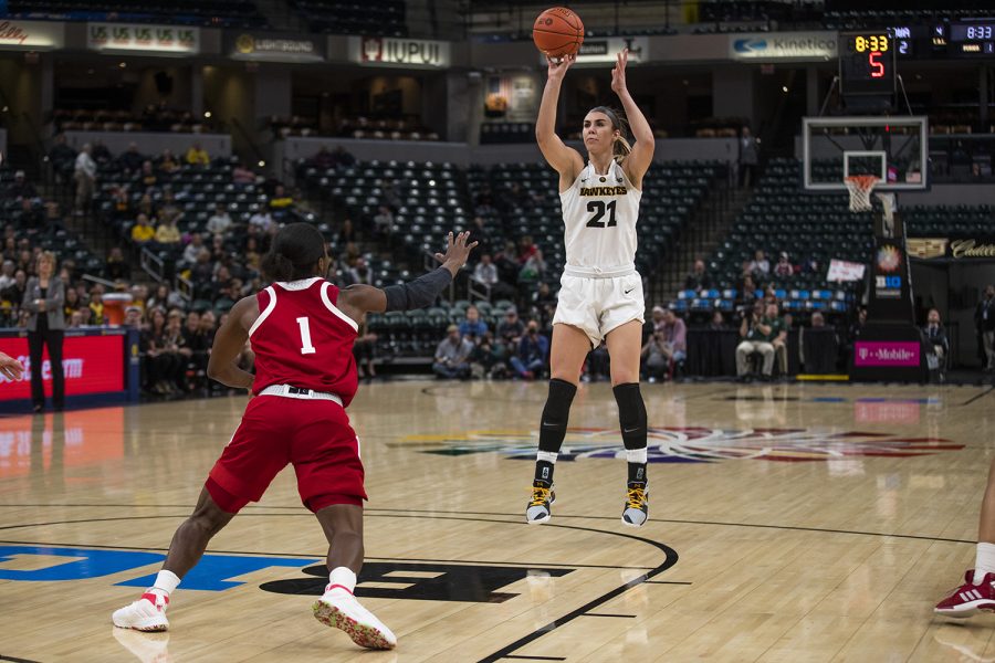 Iowa forward Hannah Stewart shoots the ball during the womens Big Ten tournament basketball game vs. Indiana at Bankers Life Fieldhouse on Friday, March 8, 2019. The Hawkeyes defeated the Hoosiers 70-61. 