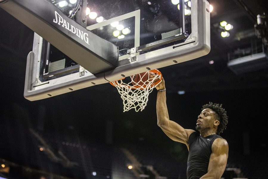 Iowa forward Tyler Cook dunks the ball during the Iowa basketball practice at Nationwide Arena in Columbus, Ohio on Thursday, March 21, 2019. The Hawkeyes will compete against the Cincinnati Bearcats tomorrow in the NCAA Tournament.