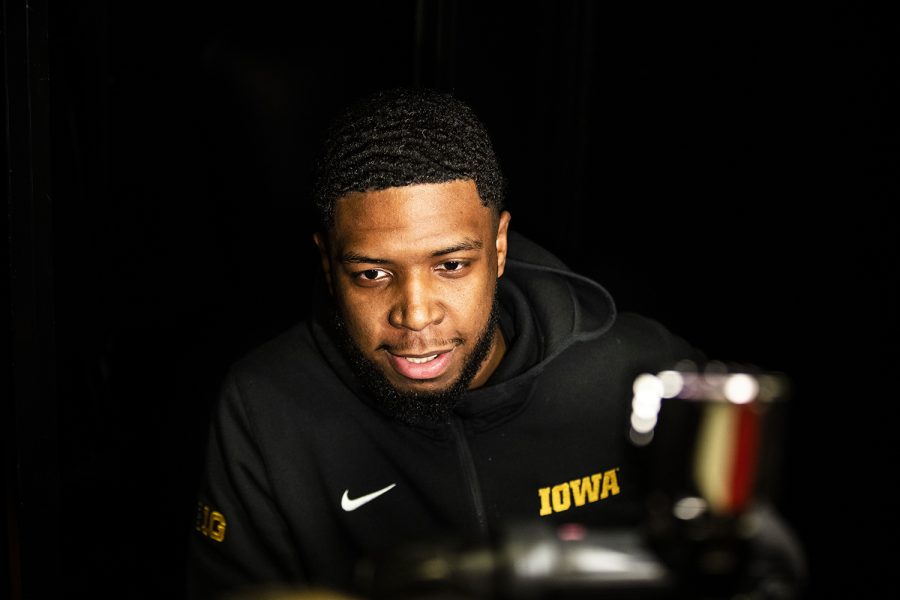 Iowa guard Isaiah Moss answers a question during the Iowa press conference at Nationwide Arena in Columbus, Ohio on Thursday, March 21, 2019. The Hawkeyes will compete against the Cincinnati Bearcats tomorrow in the NCAA Tournament.