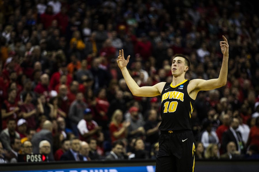 Iowa+guard+Joe+Wieskamp+reacts+to+an+Iowa+basket+during+the+NCAA+game+against+Cincinnati+at+Nationwide+Arena+on+Friday%2C+March+22%2C+2019.+The+Hawkeyes+defeated+the+Bearcats+79-72.