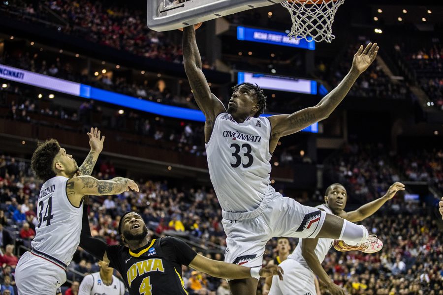 Cincinnati center Nysier Brooks shoots the ball during the NCAA game against Cincinnati at Nationwide Arena on Friday, March 22, 2019. The Hawkeyes defeated the Bearcats 79-72.