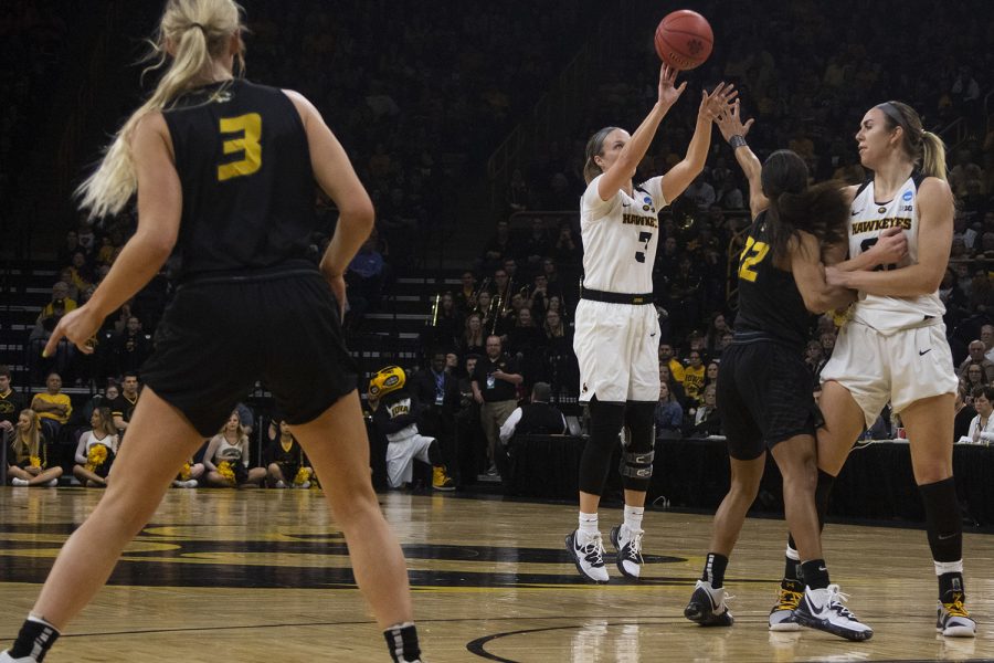 Iowa guard Makenzie Meyer attempts a 3-pointer during the Iowa/Mizzou NCAA Tournament second round womens basketball game in Carver-Hawkeye Arena  on Sunday, March 24, 2019. The Hawkeyes defeated the Tigers, 68-52. 