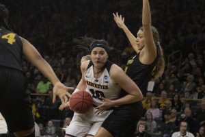 Iowa center Megan Gustafson drives to the hoop during the Iowa/Mizzou NCAA Tournament second round womens basketball game in Carver-Hawkeye Arena  on Sunday, March 24, 2019. The Hawkeyes defeated the Tigers, 68-52. 