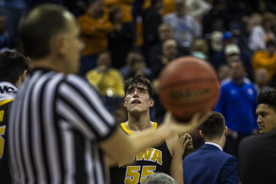 Iowa forward Luka Garza looks out into the stands during the NCAA game against Tennessee at Nationwide Arena on Sunday, March 24, 2019. The Volunteers defeated the Hawkeyes 83-77 in overtime.