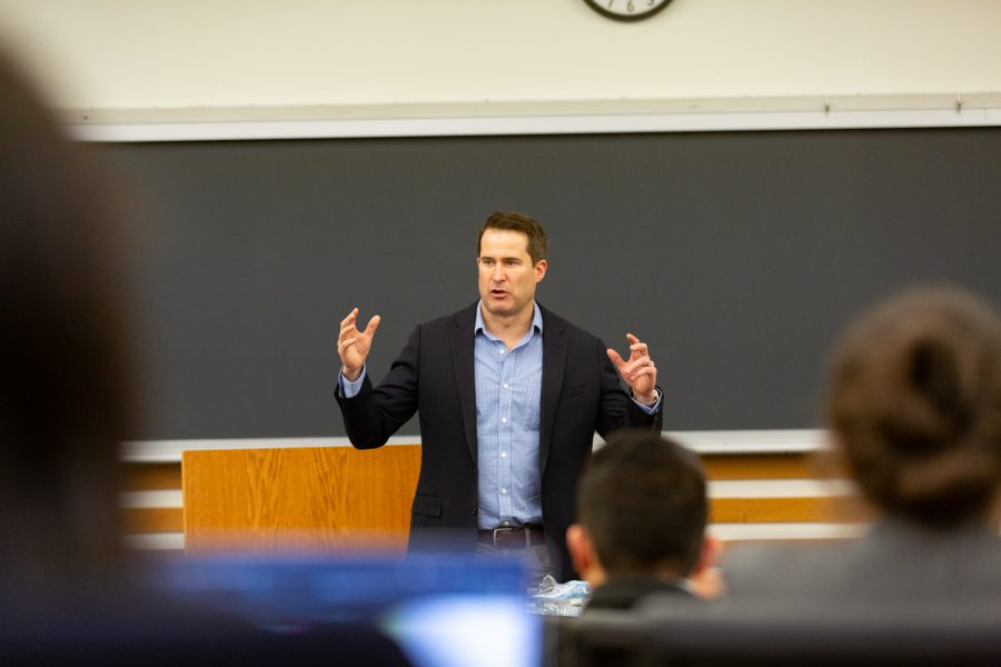 Congressman Seth Moulton (D-MA) speaks at the University of Iowa College of Law on Friday, Mar. 29, 2019. Moulton spoke on the importance of public service at a talk sponsored by the Law Schools Veterans Law Association. (David Harmantas/The Daily Iowan)