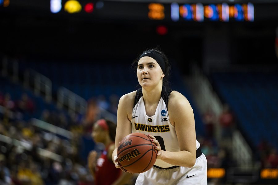 Iowa center Megan Gustafson prepares to shoot a free-throw during the NCAA Sweet 16 game against NC State at the Greensboro Coliseum Complex on Saturday, March 30, 2019. The Hawkeyes defeated the Wolfpack 79-61.