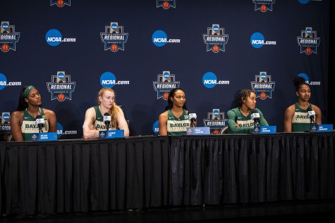 Baylor players listen to questions during their press conference at the Greensboro Coliseum Complex on Sunday, March 31, 2019. The Hawkeyes will compete against Baylor in the Elite 8 game tomorrow.