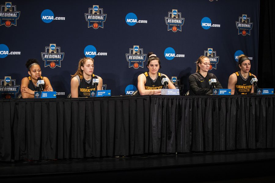 Iowa players listen to questions during their press conference at the Greensboro Coliseum Complex on Sunday, March 31, 2019. The Hawkeyes will compete against Baylor in the Elite 8 game tomorrow.