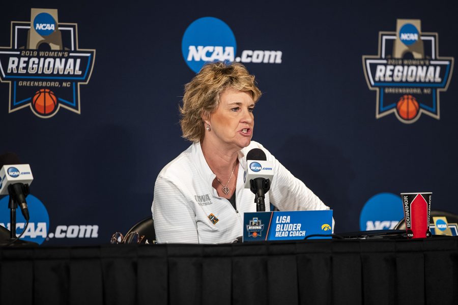 Iowa+head+coach+Lisa+Bluder+answers+a+question+during+the+Iowa+press+conference+at+the+Greensboro+Coliseum+Complex+on+Sunday%2C+March+31%2C+2019.+The+Hawkeyes+will+compete+against+Baylor+in+the+Elite+8+game+tomorrow.