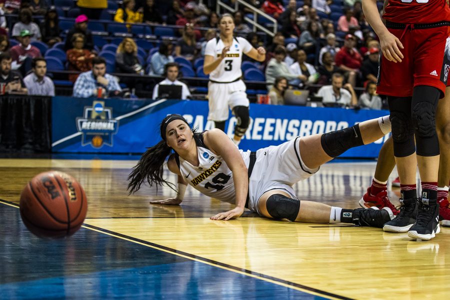 Iowa center Megan Gustafson loses the ball during the NCAA Sweet 16 game against NC State at the Greensboro Coliseum Complex on Saturday, March 30, 2019. The Hawkeyes defeated the Wolfpack 79-61.