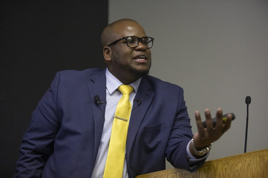 TaJuan Wilson speaks during the forum for the associate vice president of diversity, equity, and inclusion on March 25, 2019. He was later selected to fill the role and on Aug. 15, 2019 the UI announced his resignation from the position. 