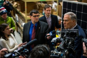 Washington Gov. Jay Inslee stopped by Paulson Electric Co. in Cedar Rapids on Tuesday, March 5, 2019. Jay Inslee talked with CEO Tyler Olson about climate change and how solar panels help combat its effects. 