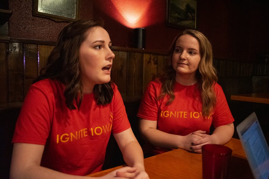 Noel Mills (right) and Sarah Henry (left) announce their candidacy for UISG President and Vice President respectivly at The Mill on Sunday March 24, 2019. They are running on the Ignite Iowa ticket.(Michael Guhin/The Daily Iowan)