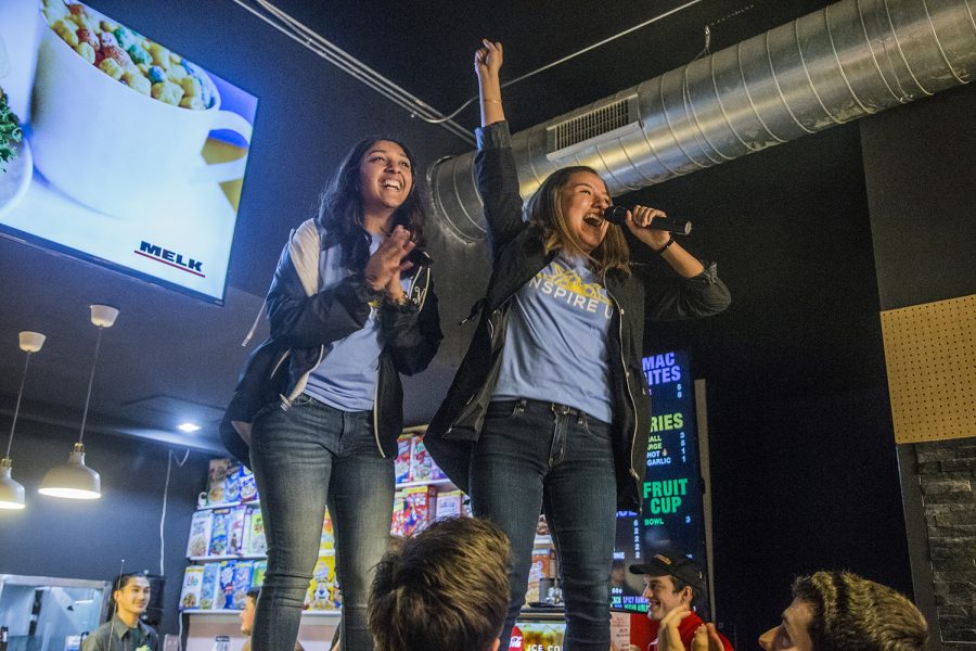 Madhuri Belkale (left) and Alexia Sanchez announce their vice presidential and presidential candidacy for UISG at Melk on Sunday, March 24, 2019. The pair are running on the Inspire UI ticket. (Alyson Kuennen/The Daily Iowan)