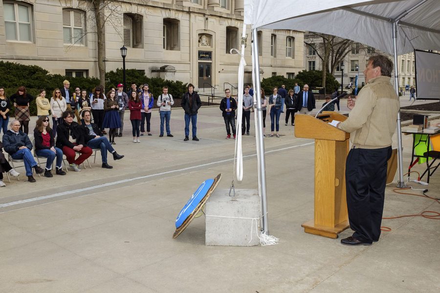 UI President Bruce Harreld speaks during the Homerathon on the T. Anne Cleary Walkway on Wednesday.