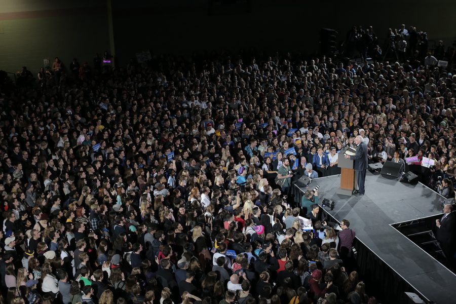 Presidential candidate Bernie Sanders speaks during the Bernie Sanders rally at the Field House on Saturday, Jan. 30, 2016. Sanders still remains just slightly under fellow democrat Hilary Clinton in the polls.