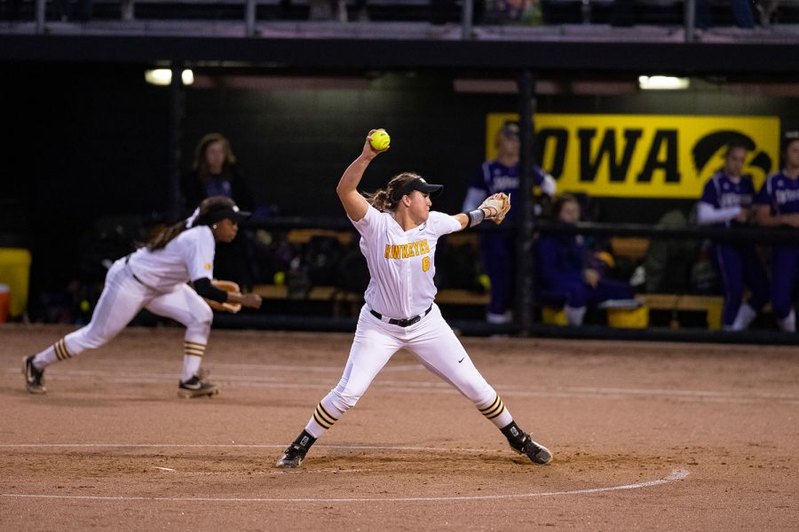 Iowa pitcher Erin Riding winds up to pitch during a softball game against Western Illinois on Wednesday, Mar. 27, 2019. The Fighting Leathernecks defeated the Hawkeyes 10-1. (David Harmantas/The Daily Iowan)