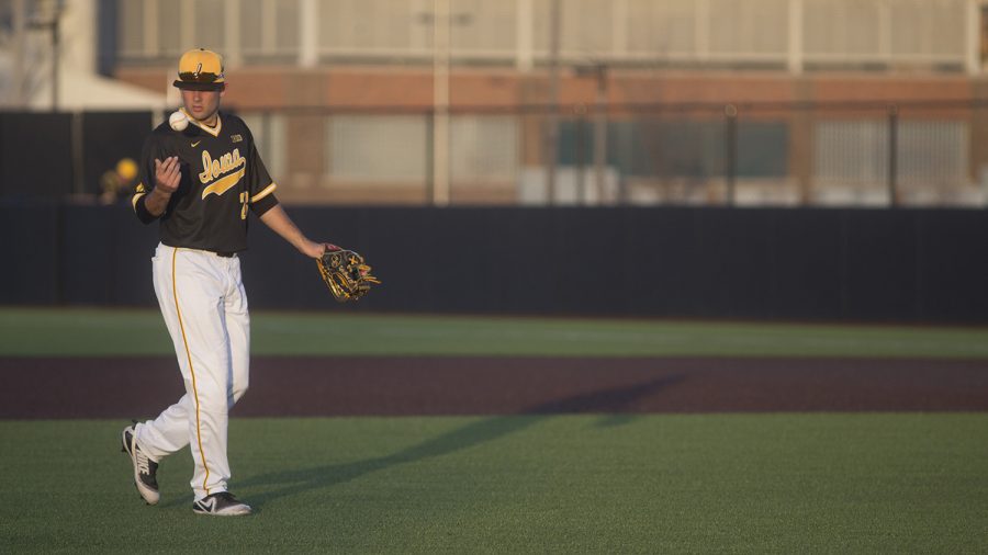 Iowa pitcher Jack Dreyer walks back to the mound during a game at Duane Banks Fields on Wednesday Apr. 25, 2018. 