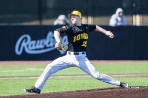 Iowa pitcher Cam Baumann throws a pitch during the first game of a baseball doubleheader between Iowa and Cal-State Northridge at Duane Banks Field on Sunday, March 17, 2019. The Hawkeyes defeated the Matadors, 5-4. 