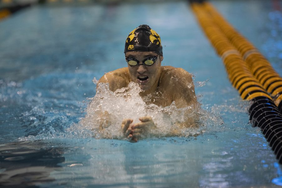 University of Iowas Tanner Nelson competes in the 200 meter breaststroke during finals of the Big 10 Swimming Championships on Saturday, March 2, 2019.  