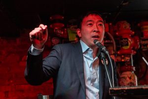 Democratic presidential-nomination candidate Andrew Yang speaks during a Political Party Live event at the Yacht Club in Iowa City on Wednesday, March 13, 2019. During the event, presidential-nomination candidate Yang spoke about his background in the technology industry, and his plans if he wins the presidency.