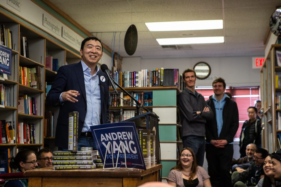 Democratic presidential-nomination candidate Andrew Yang speaks during a campaign event at Prairie Lights in Iowa City on Wednesday, March 13, 2019. Nomination candidate Yang spoke about policy ideas and his book The War on Normal People. (Wyatt Dlouhy/The Daily Iowan)
