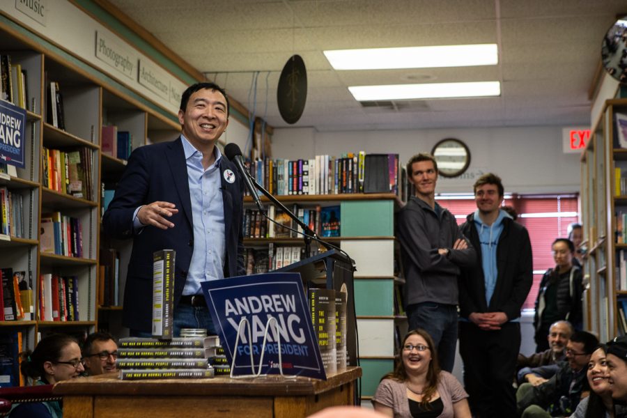 Democratic presidential-nomination candidate Andrew Yang speaks during a campaign event at Prairie Lights in Iowa City on Wednesday, March 13, 2019. Nomination candidate Yang spoke about policy ideas and his book "The War on Normal People." (Wyatt Dlouhy/The Daily Iowan)