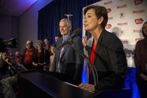 Re-elected Governor Kim Reynolds addresses her supporters at the Hilton in Des Moines on Wednesday, November 7, 2018. Reynolds defeated her opponent, Democratic candidate Fred Hubbell 50.19% to 47.61% with 92 counties reporting in an unofficial total.