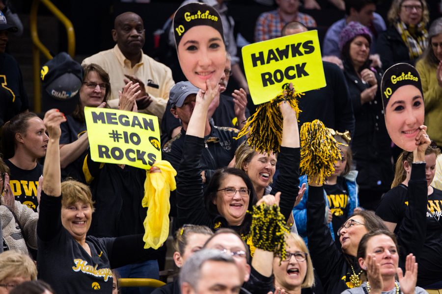 Iowa+center+Megan+Gustafson+%2810%29+family+cheers+her+on+after+the+Iowa%2FMissouri+NCAA+Tournament+second+round+women%E2%80%99s+basketball+game+in+Carver-Hawkeye+Arena+in+Iowa+City%2C+Iowa+on+Sunday%2C+March+24%2C+2019.+The+Hawkeyes+defeated+the+Tigers+68-52.