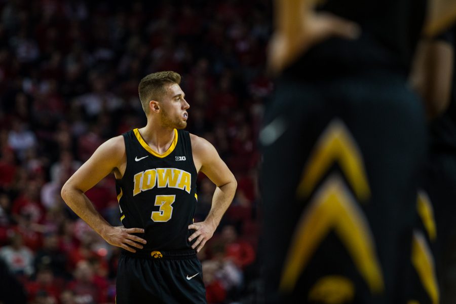 Iowa Guard Jordan Bohannon #3  looks toward the bench during a mens basketball game between the Iowa Hawkeyes and the Nebraska Huskers at Pinnacle Bank Arena on Sunday, March 10, 2019. The Hawkeyes fell in overtime to the Huskers, 93-91.