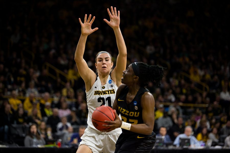 Iowa+forward+Hannah+Stewart+%2821%29+attempts+to+block+a+shot+during+the+Iowa%2FMissouri+NCAA+Tournament+second+round+women%E2%80%99s+basketball+game+in+Carver-Hawkeye+Arena+in+Iowa+City%2C+Iowa+on+Sunday%2C+March+24%2C+2019.+The+Hawkeyes+defeated+the+Tigers+68-52.