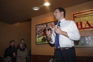 Democratic presidential-nomination candidate Pete Buttigieg, mayor of South Bend, Indiana, addresses the audience during his visit to Airliner in Iowa City on March 4, 2019.