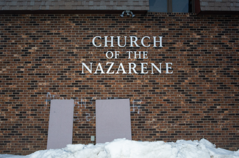 The Church of the Nazarene is seen on Monday, March 4, 2019. The church was vandalized with derogatory racial slurs and swastikas. 