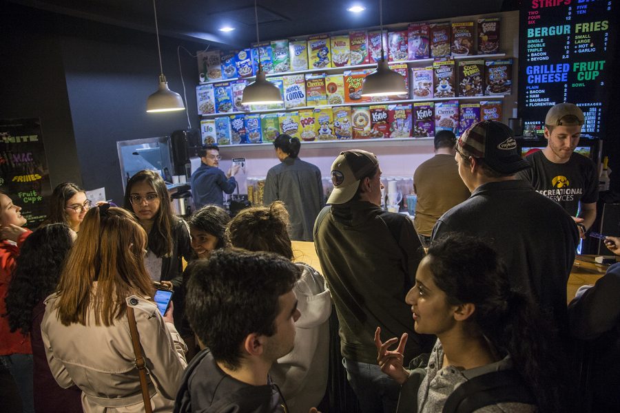 Students gather around the cereal bar at Melk on Sunday, March 24, 2019. Running on the Inspire UI ticket, Alexia Sanchez and Madhuri Belkale announced their presidential and vice presidential candidacy for UISG. 