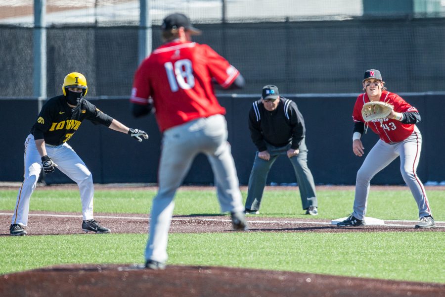 CSUN first baseman Wesley Ghan-Gibson (43) awaits a pickoff throw during the first game of a baseball doubleheader between Iowa and Cal-State Northridge at Duane Banks Field on Sunday, March 17, 2019. The Hawkeyes defeated the Matadors, 5-4.