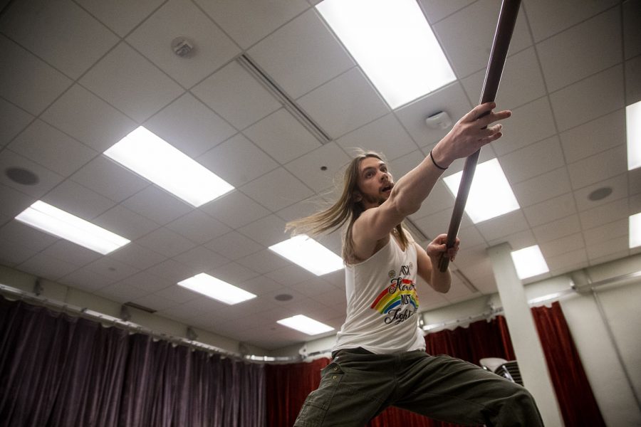 UI Junior Dante Benjegerdes demonstrates stage combat choreography at the Theatre Building on Monday, March 25, 2019. Although a competitive niche, Benjegerdes plans to pursue stage combat professionally. (Alyson Kuennen/The Daily Iowan)