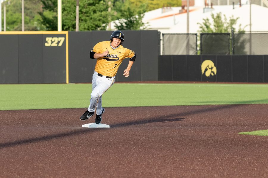 University of Iowa baseball player Grant Judkins rounds second base during a game against Penn State University on Saturday, May 19, 2018. The Hawkeyes defeated the Nittany Lions 8-4. 