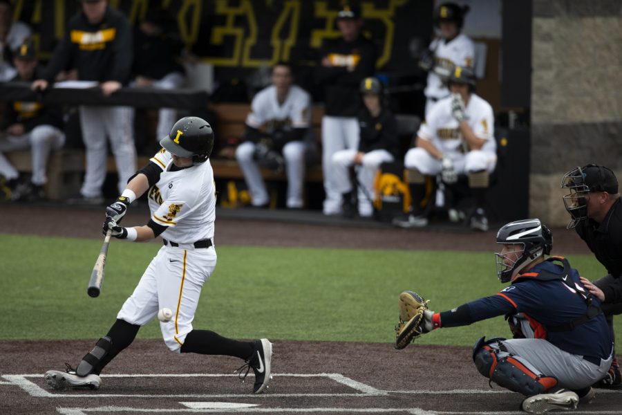 Iowa catcher Mitchell Boe strikes out in his first at bat. The Hawkeyes defeated the Illini 8-4 at Duane Banks Field on Mar 29, 2019. 