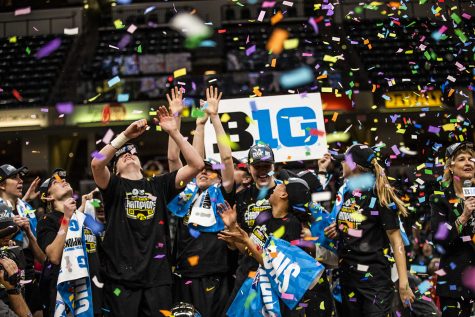 Iowa players celebrate the win during the womens Big Ten Championship basketball game vs. Maryland at Bankers Life Fieldhouse on Sunday, March 10, 2019. The Hawkeyes defeated the Terrapins 90-76 and are the Big Ten champions. 