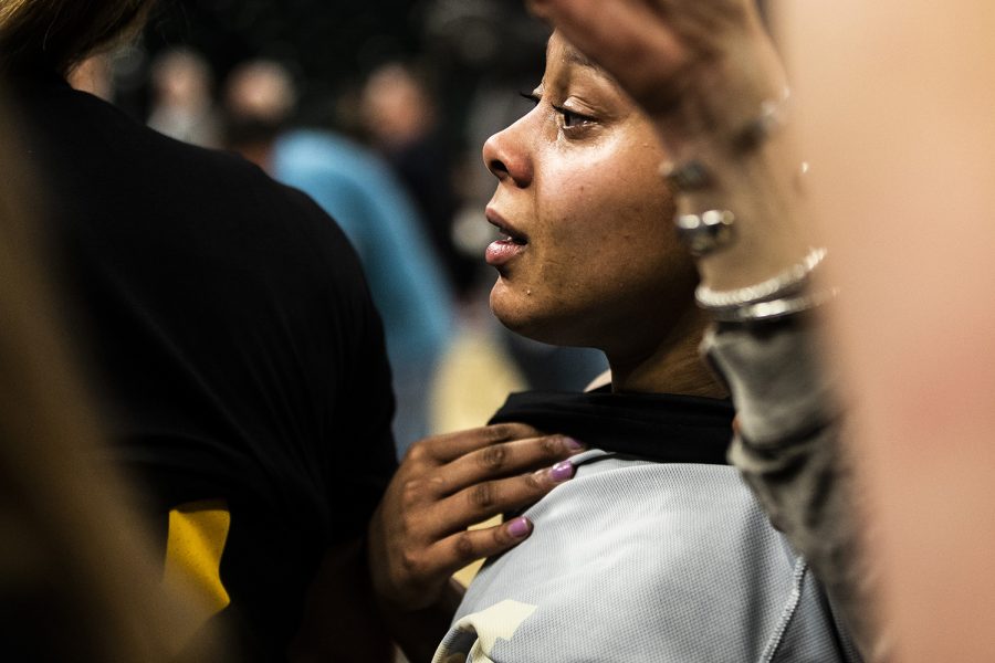Iowa guard Tania Davis gets emotional after winning the championship title during the women's Big Ten Championship basketball game vs. Maryland at Bankers Life Fieldhouse on Sunday, March 10, 2019. The Hawkeyes defeated the Terrapins 90-76 and are the Big Ten champions. 