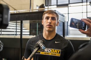Iowa wide receiver Kyle Groeneweg talks to the media at Football Pro Day on Monday, March 25, 2019. 
