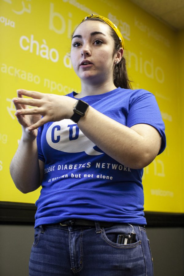 McKenna Raimer, president of Type 1 Hawks the Iowa chapter of College Diabetes Network, talks to members of the Type 1 Hawks about the half price insulin made by Eli Lily that is not covered by insurence in a meeting on Wednesday, March 6, 2019.