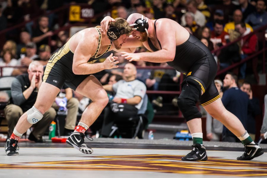 Iowas 285-lb Sam Stoll wrestles Purdues Jacob Aven during the second session of the 2019 Big Ten Wrestling Championships in Minneapolis, MN on Saturday, March 9, 2019. Aven won by decision, 5-2.