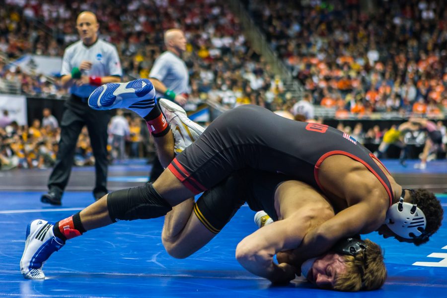 Iowa’s 141-pound Max Murin wrestles Nebraska’s Chad Red during the fourth session of the 2019 NCAA D1 Wrestling Championships at PPG Paints Arena in Pittsburgh, PA on Friday, March 22, 2019. Red won by decision, 4-1.