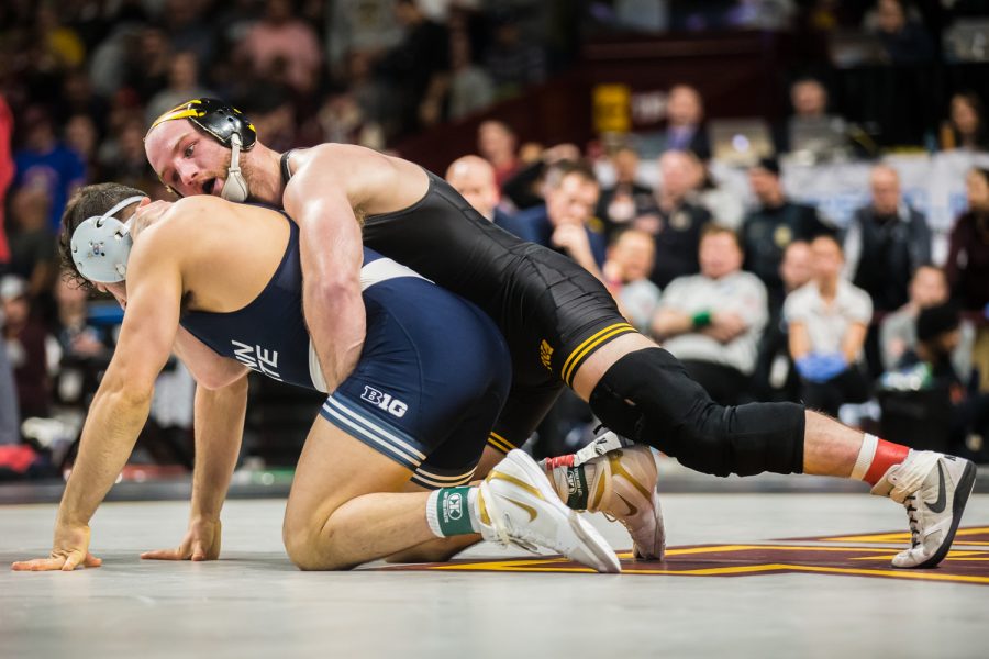 Iowas 165-lb Alex Marinelli wrestles Penn States Vincenzo Joseph during the fourth session of the 2019 Big Ten Wrestling Championships in Minneapolis, MN on Sunday, March 10, 2019. Marinelli won by decision, 9-3, and finished 1st in his weight class.