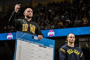 Iowas Alex Marinelli is awarded first in the 165-lb weight class during the fourth session of the 2019 Big Ten Wrestling Championships in Minneapolis, MN on Sunday, March 10, 2019.