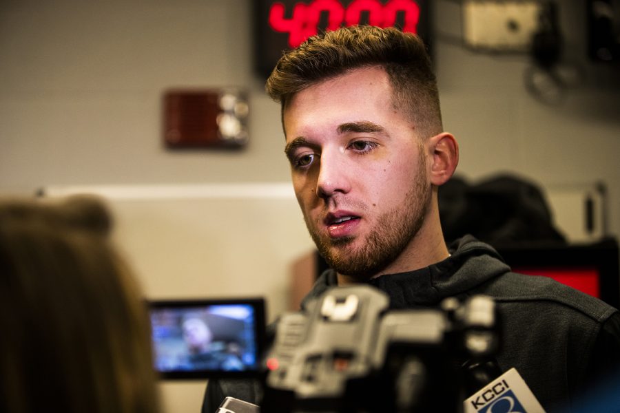 Iowa guard Jordan Bohannon speaks to the press during the Iowa press conference at Nationwide Arena in Columbus, Ohio on Thursday, March 21, 2019. The Hawkeyes will compete against the Cincinnati Bearcats tomorrow in the NCAA Tournament.